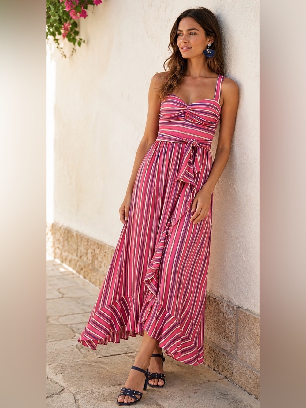 Maeve Anthropologie Gabriela Stripe Maxi Dress Women’s Xs Pink Combo Ruffle Belt